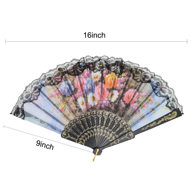 YOKIND 10 Pack Vintage Spanish Floral Folding Hand Fan Sequin Fabric Folding Handheld Hand Fan, Random Color - Image 3